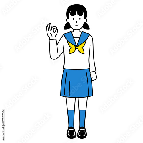 OKサインをする女子学生（全身）