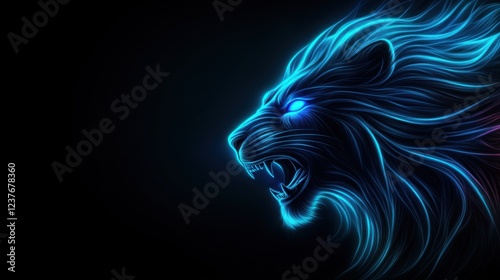 Vibrant Neon Lion Portrait with Radiant Blue Glow on Dark Background for Eye-Catching Graphic Designs