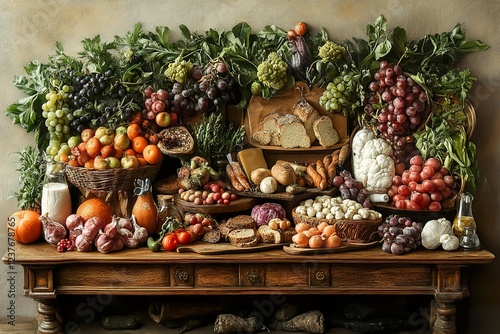 Abundant Harvest Table Displaying Fresh Produce and Bread
