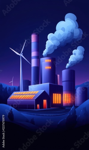Modern industrial landscape at night with wind turbines, smokestacks, and glowing windows in vibrant colors