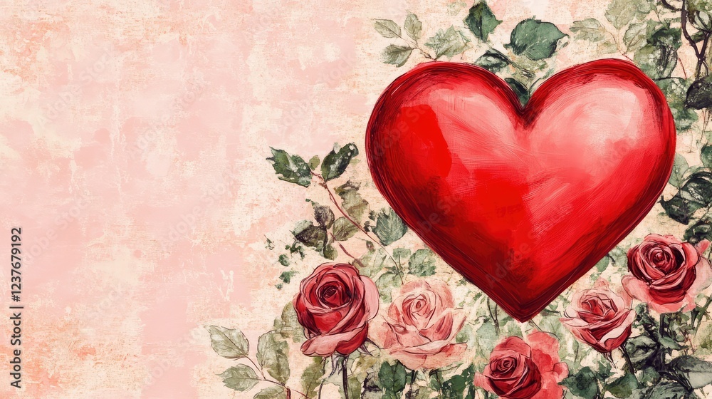 Romantic red heart and roses on a soft pink background, Valentine love theme Romantic red heart and roses on a soft pink background, Valentine love theme