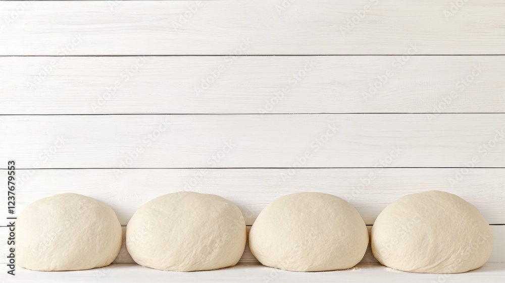 Four round dough balls are positioned on a light wooden surface, creating a simple yet appealing arrangement. Four round dough balls are positioned on a light wooden surface, creating a simple yet appealing arrangement.