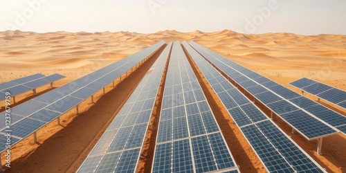 Large solar panels stretching across a vast, arid landscape with sand dunes in the background, solarenergy, landuse photo