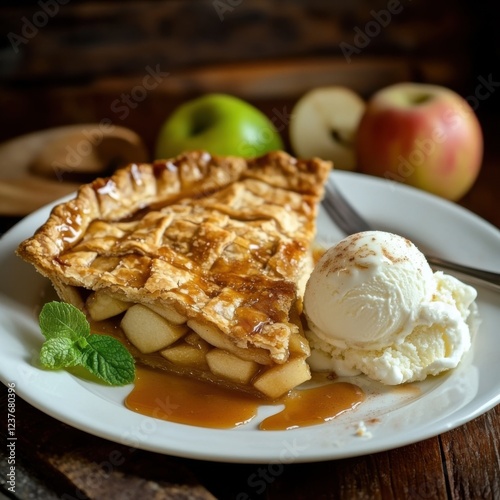 A scrumptious and flaky apple pie with a golden crust and a hint of cinnamon, served with a scoop of vanilla ice cream, on a white plate