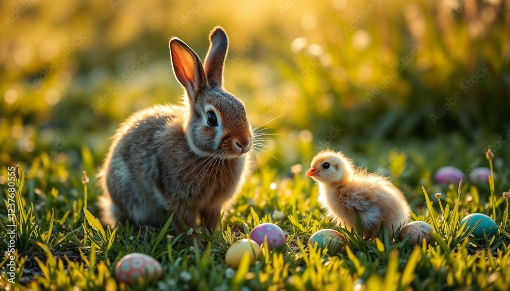 Fototapeta premium Bunny and chick exploring colorful Easter eggs in a grassy field during golden hour