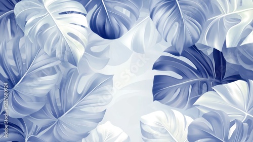 Blue monstera leaves background, digital art, design, wallpaper