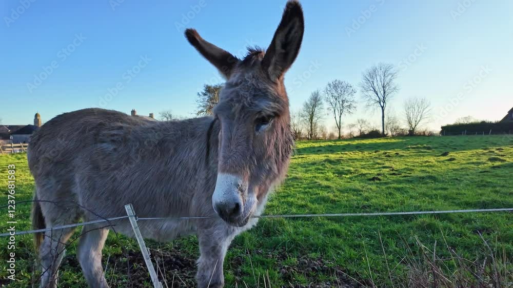 Close-up view of curious donkey in green field on sunny day. Ideal for rural scenes, farm life, animal documentaries Close-up view of curious donkey in green field on sunny day. Ideal for rural scenes, farm life, animal documentaries