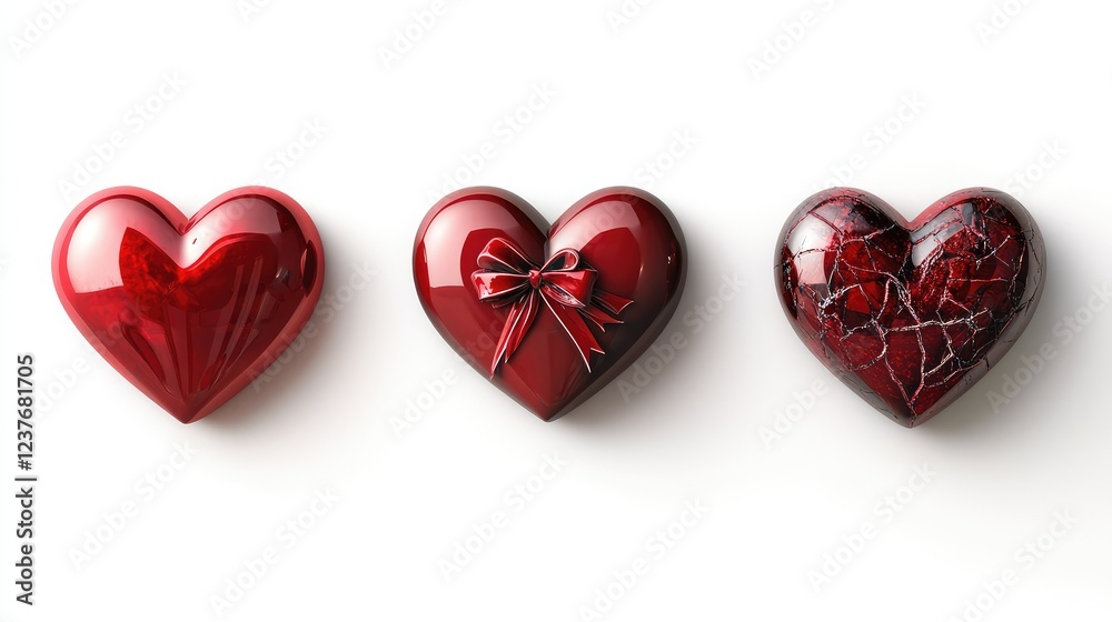 Set of four unique red hearts, including one with a love ribbon and a broken heart Set of four unique red hearts, including one with a love ribbon and a broken heart