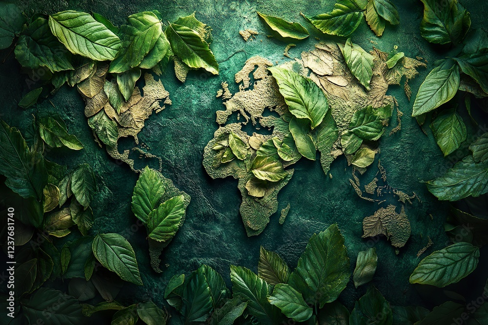 Fototapeta premium Lush Green Leaves Surround A Golden World Map