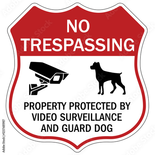 No trespassing sign property protected by video surveillance and guard dog