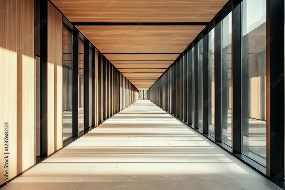 The interior design of the office corridor features glass and black metal frames, wooden ceiling panels, white walls with light wood grain decoration on top, creating an elegant atmosphere. The interior design of the office corridor features glass and black metal frames, wooden ceiling panels, white walls with light wood grain decoration on top, creating an elegant atmosphere.