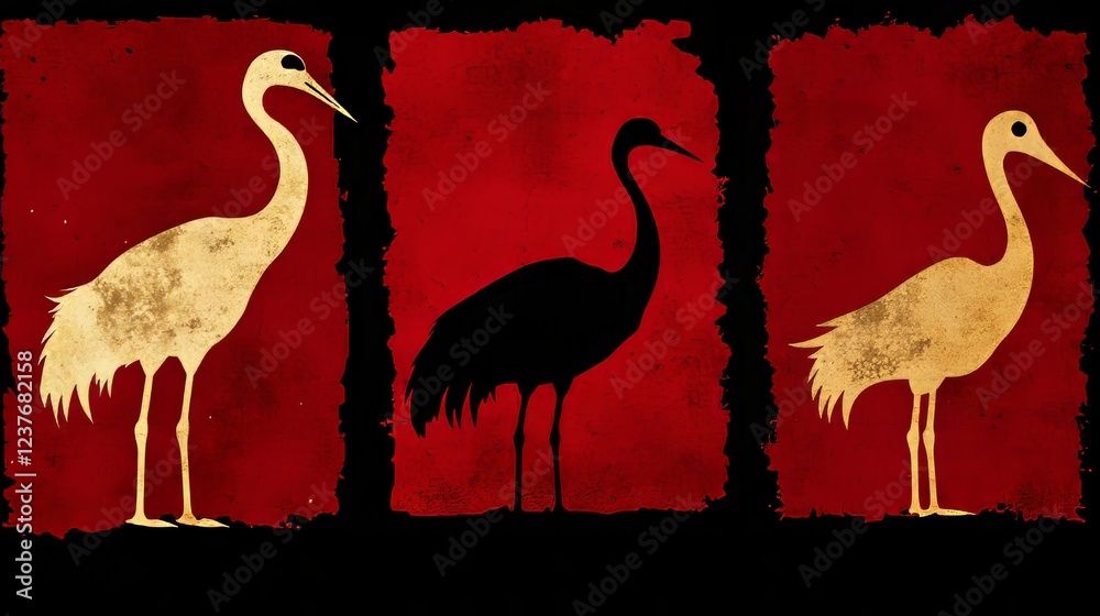Naklejka premium Red Background Triptych of Elegant Cranes