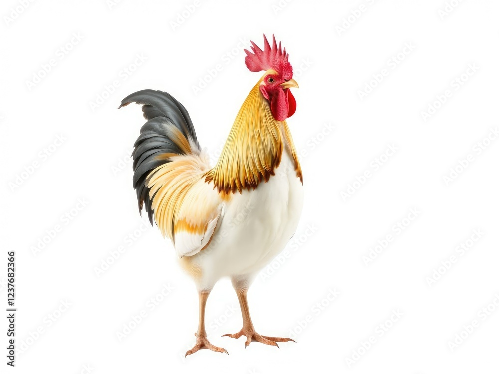 Fototapeta premium Maran rooster with glossy black plumage standing proudly on a white surface, white background, glossy feathers, rooster