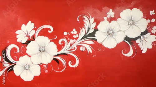 Red Background White Floral Swirls Artistic Painting