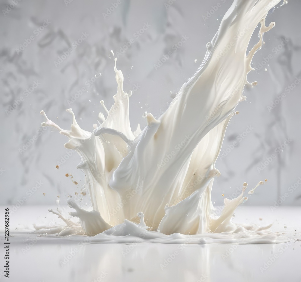 Milk splash on a crisp white surface, creating a dynamic and textured visual effect, natural, texture, movement Milk splash on a crisp white surface, creating a dynamic and textured visual effect, natural, texture, movement