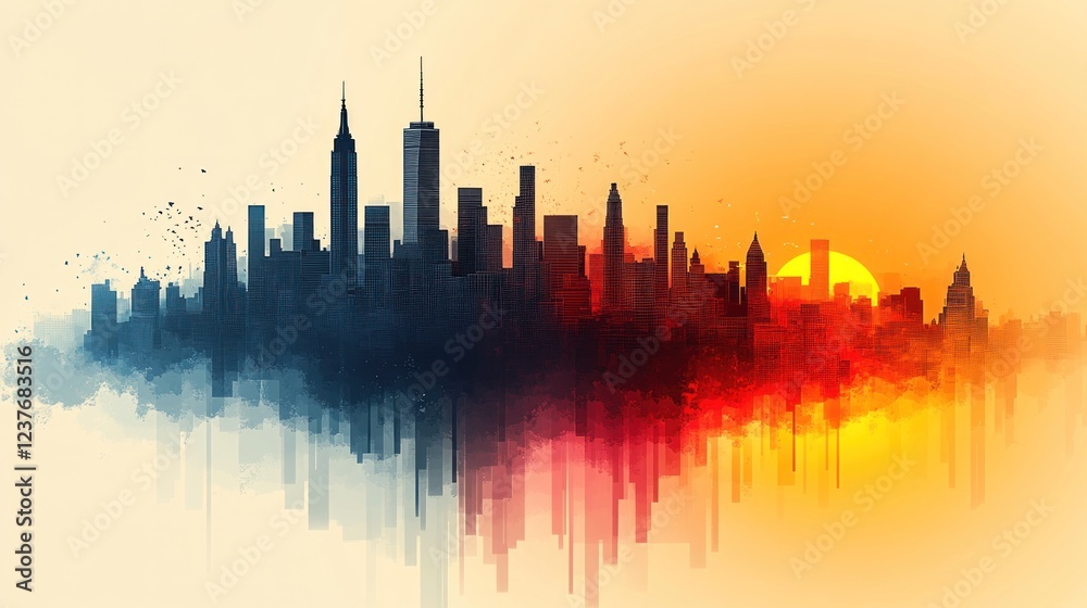 Naklejka premium Cityscape sunset, urban skyline reflection, birds flying, sunrise background