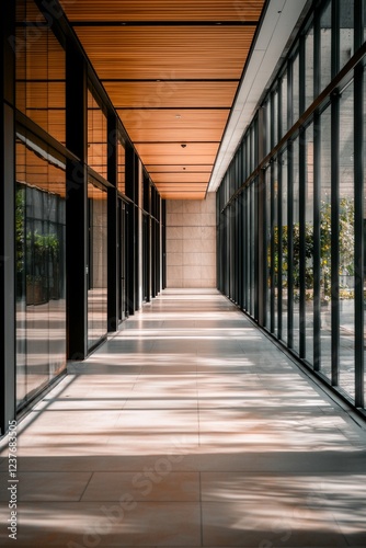 The interior design of the office corridor features glass and black metal frames, wooden ceiling panels, white walls with light wood grain decoration on top, creating an elegant atmosphere. 