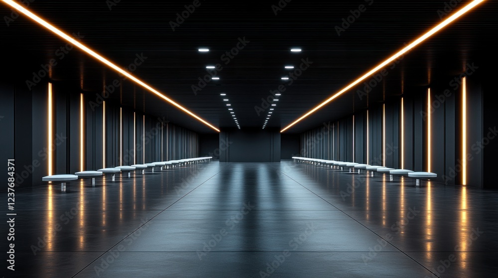 Futuristic Corridor with Neon Lights and Reflective Floor Futuristic Corridor with Neon Lights and Reflective Floor