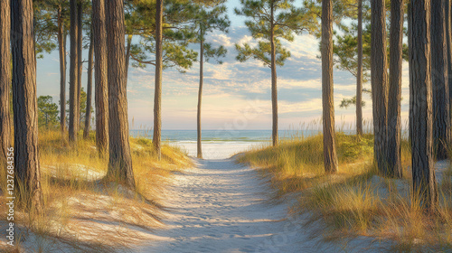 A serene beach entrance framed by towering pine trees, the last rays of sunlight casting elongated shadows on a sandy trail