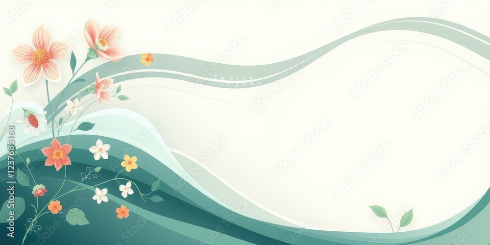 Obraz premium Nature-inspired floral waves with subtle gradient, beachy scenery, stylized sea creatures, floral motifs