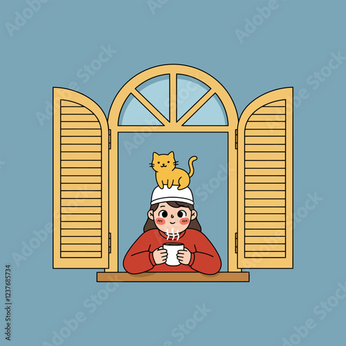 Girl with Cat on Head Sipping Coffee by Windowsill Charming Cartoon Illustration