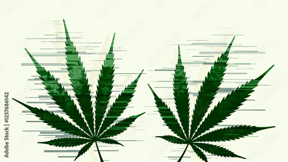 Fototapeta premium Marijuana silhouettes fading into glitch patterns, symbolizing distortion and erasure.