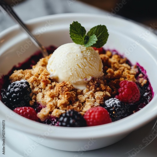 A scrumptious berry crumble with a golden, buttery topping and a scoop of vanilla ice cream, served in a white dish