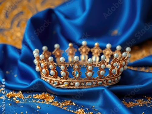 Ornate gold crown with lustrous pearls situated atop a stunning blue satin fabric against a backdrop of golden dust, bejeweled jewelry, high-end fashion photo