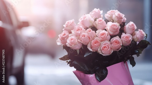Soft-focus dozen pink roses, elegant floral arrangement in pink wrap