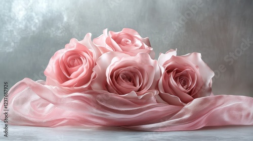 Soft-focus dozen pink roses, elegant floral arrangement in pink wrap