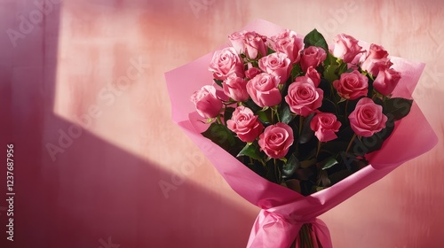 Soft-focus dozen pink roses, elegant floral arrangement in pink wrap
