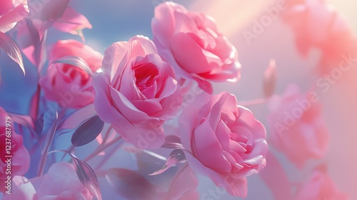 Soft-focus dozen pink roses, elegant floral arrangement in pink wrap