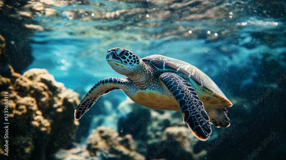 Fototapeta premium Sea turtle swimming in a coral reef. Photo shows the beauty of marine life and emphasizes the importance of conservation.