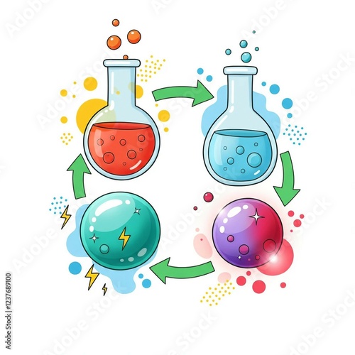 Chemical test illustration. Laboratory glassware. Representation of exothermic and endothermic reactions. Heat exchange. Logo or advertising for scientific and educational activities. photo