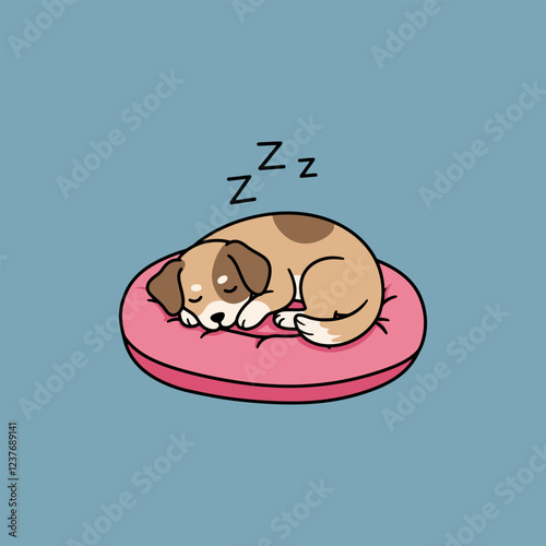 Sleeping Beagle Puppy on Pink Pillow Sweet Cartoon Illustration