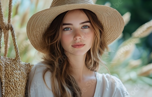Young woman with long hair wearing a straw hat and a white blouse near tall g...