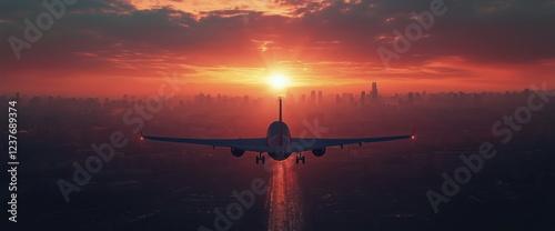 Airplane flying into a vibrant sunset over a city skyline at dusk