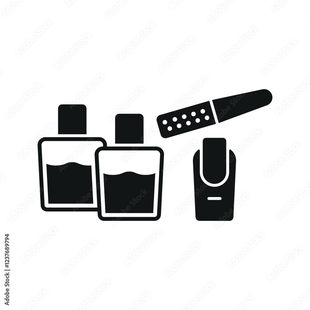 Nail polish bottle and nail file set beauty salon icon in flat style, featuring a sleek nail polish bottle and a smooth nail file, perfect for manicure and beauty themes. Nail polish bottle and nail file set beauty salon icon in flat style, featuring a sleek nail polish bottle and a smooth nail file, perfect for manicure and beauty themes.