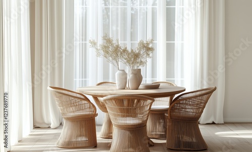 Elegant dining area with round wooden table and rattan chairs in bright natur...