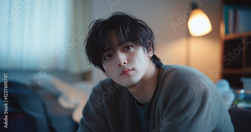 Young man relaxing in a cozy room with warm light during evening hours