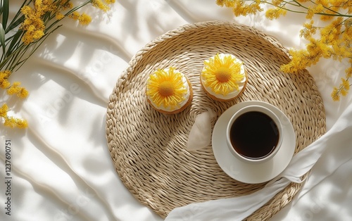 Morning coffee and floral desserts on a woven mat in a bright setting
