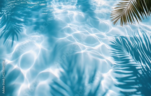 Water reflections with palm shadows under bright sunlight in a serene pool se...