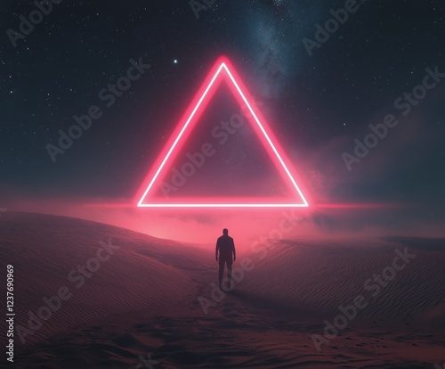 Person standing in desert under glowing triangle at night sky