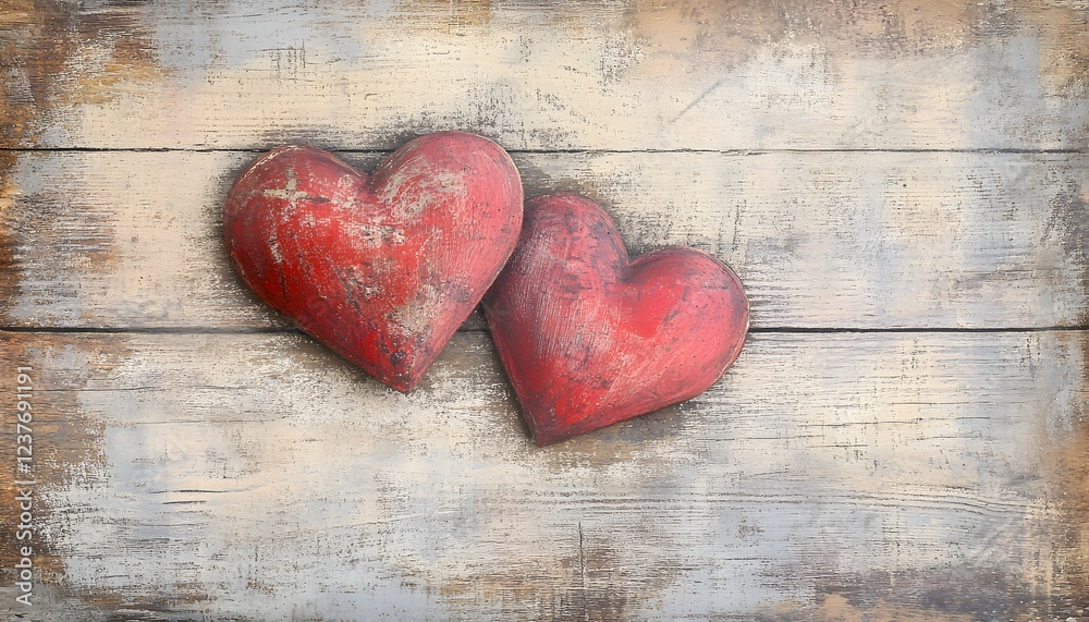 Two Rustic Red Wooden Hearts on Weathered Wood Two Rustic Red Wooden Hearts on Weathered Wood