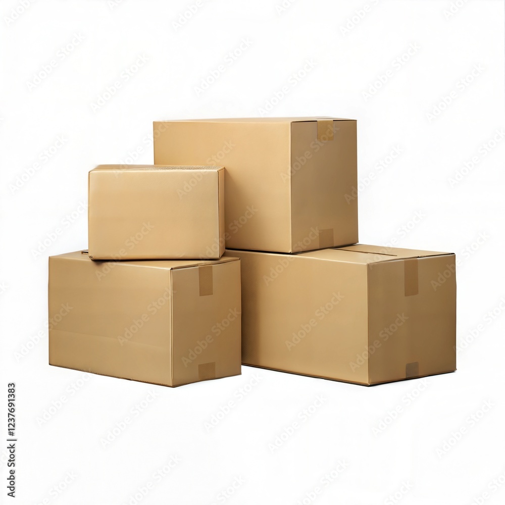 Four boxes stacked on top of each other. The boxes are brown and white. The boxes are not labeled Four boxes stacked on top of each other. The boxes are brown and white. The boxes are not labeled