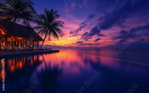 Serene sunset reflecting over calm water near a tropical resort with palm trees