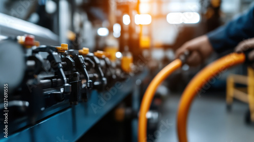 Wallpaper Mural Efficient machinery operation with focus on hydraulic controls and hoses. image captures worker managing press automation, showcasing industrial precision and technology Torontodigital.ca