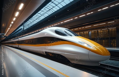 High-speed train arrives at modern railway station in Japan during the daytime