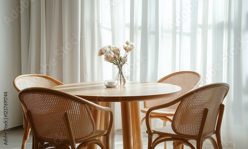 Cozy dining space with wooden table and rattan chairs bathed in natural light