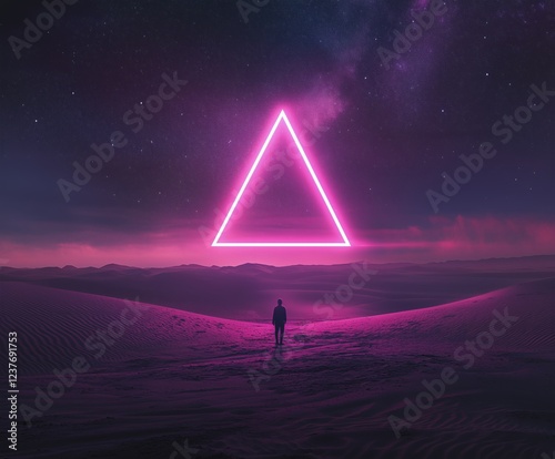 Vibrant neon triangle illuminates desert landscape under starry night sky